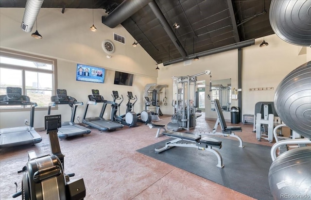 6214 Long Branch Dr, Parker, CO 80134 - exercise room with visible vents and high vaulted ceiling