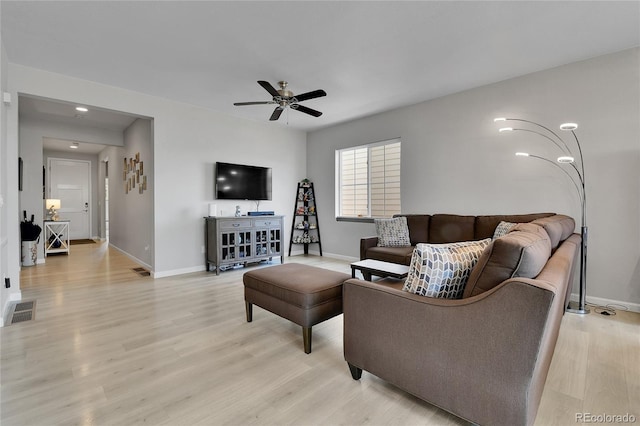 27853 E 8th Ave, Aurora, CO 80018 - living room with light wood-style flooring, ceiling fan, and recessed lighting