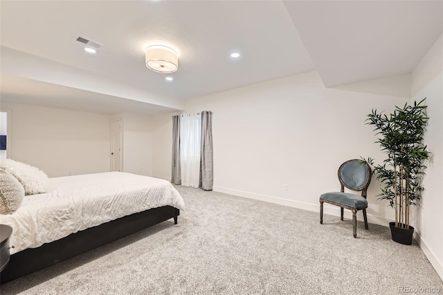 bedroom with recessed lighting, visible vents, baseboards, and light colored carpet