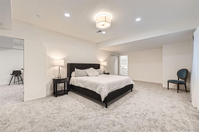 bedroom with visible vents, recessed lighting, baseboards, and carpet floors