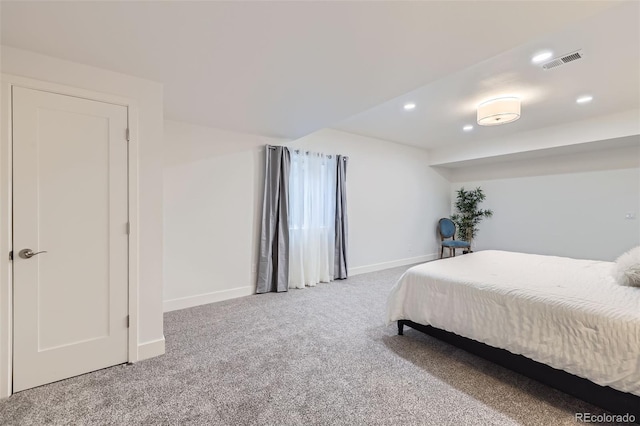 bedroom featuring recessed lighting, visible vents, carpet flooring, and baseboards