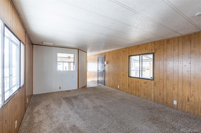 carpeted spare room featuring wood walls