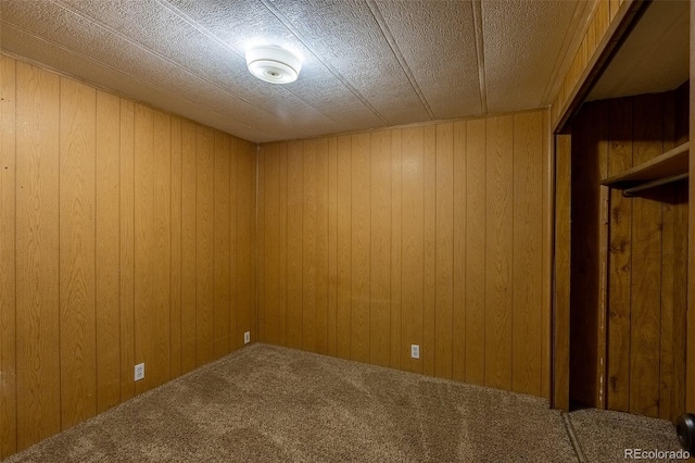 carpeted spare room with wooden walls