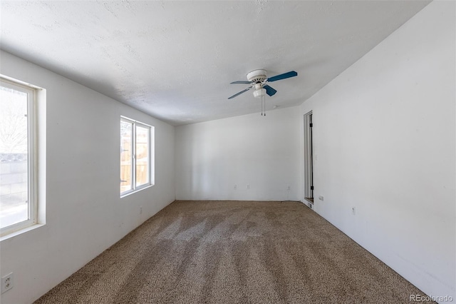 spare room with carpet floors, ceiling fan, and a textured ceiling