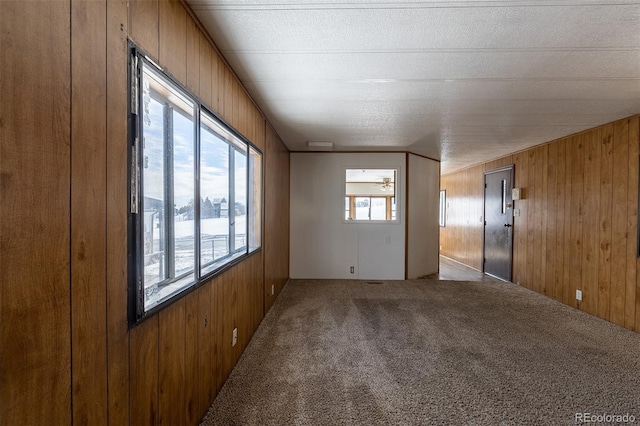 unfurnished room with wood walls and light colored carpet