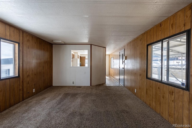 spare room featuring wood walls, a textured ceiling, and light colored carpet