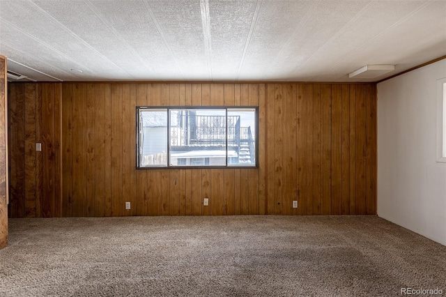 unfurnished room featuring wood walls and carpet