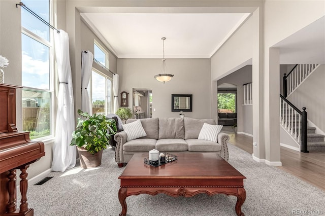 392 Driftwood Cir, Lafayette, CO 80026 - carpeted living area with plenty of natural light, stairs, ornamental molding, and wood finished floors