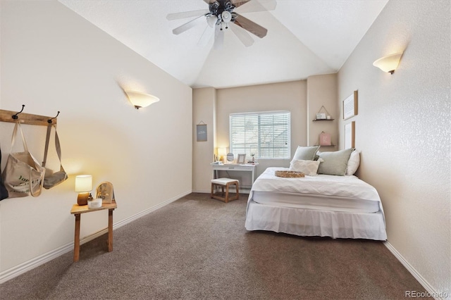 bedroom featuring lofted ceiling, carpet floors, and ceiling fan