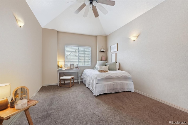 bedroom featuring lofted ceiling, carpet floors, and ceiling fan