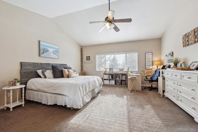 carpeted bedroom with ceiling fan and lofted ceiling