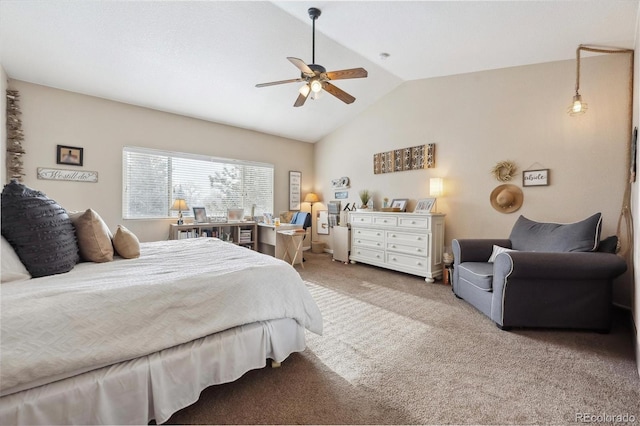 carpeted bedroom featuring ceiling fan and vaulted ceiling