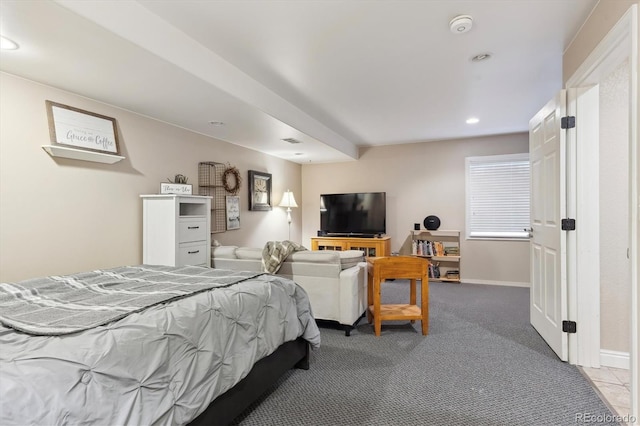 bedroom featuring light colored carpet