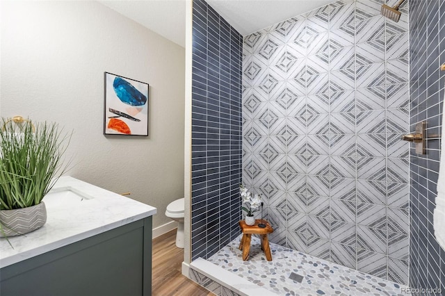 15 Hazel Ct, Denver, CO 80219 - bathroom featuring a tile shower, toilet, wood finished floors, and vanity