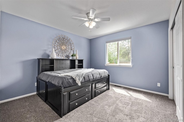 bedroom featuring carpet flooring, baseboards, and ceiling fan