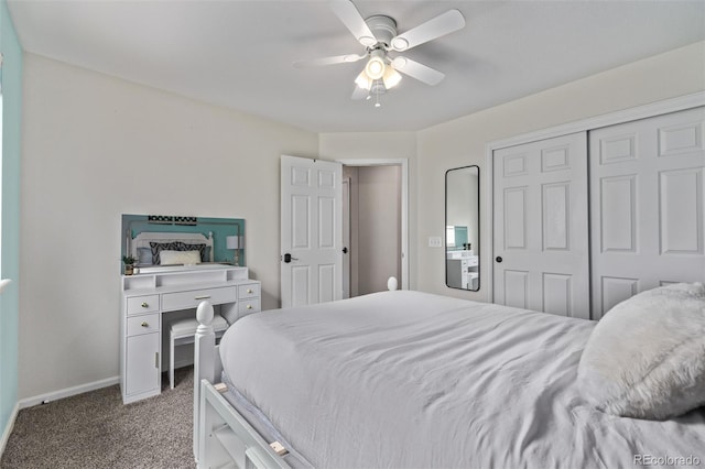carpeted bedroom featuring baseboards, a closet, and a ceiling fan