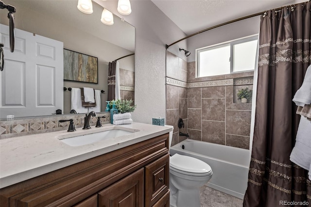 full bathroom with shower / bath combo, toilet, and vanity