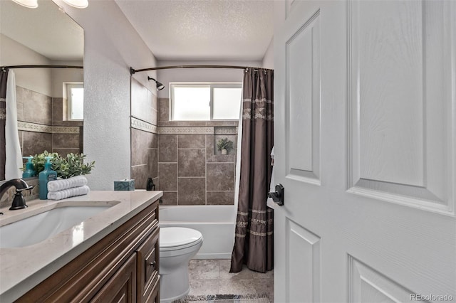 full bathroom featuring shower / bathtub combination with curtain, toilet, vanity, and a textured ceiling