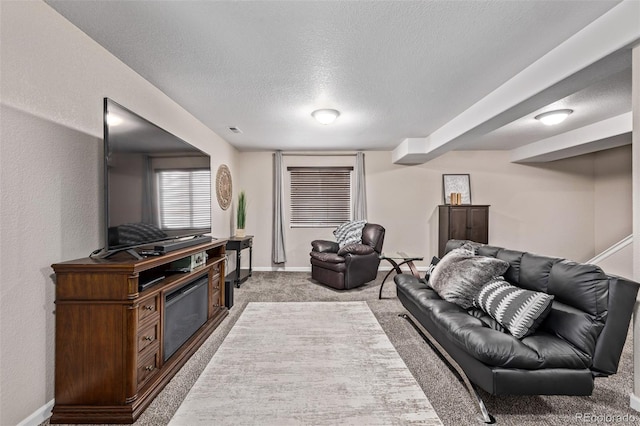 living room featuring carpet floors, a textured ceiling, and baseboards