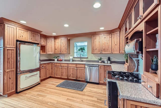 26732 Main St, Conifer, CO 80433 - kitchen featuring fridge, stainless steel dishwasher, gas stove, light wood-type flooring, and recessed lighting