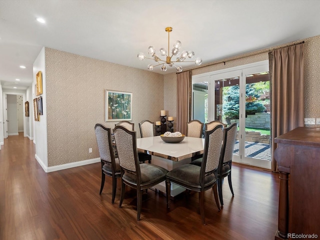 6405 Warriors Run, Littleton, CO 80125 - dining space with dark wood-style flooring, a chandelier, baseboards, and recessed lighting