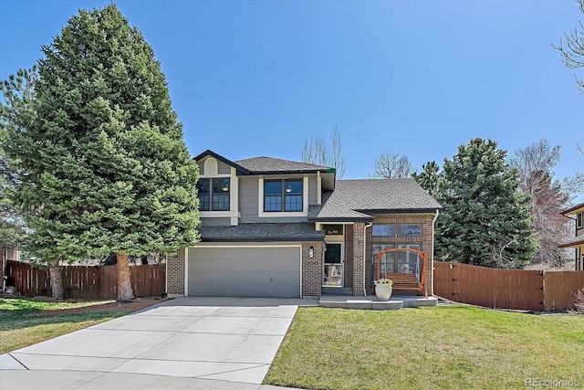 view of front of house featuring concrete driveway, fence, a front lawn, and brick siding