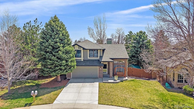 view of front of property with a garage, roof with shingles, a front yard, fence, and driveway