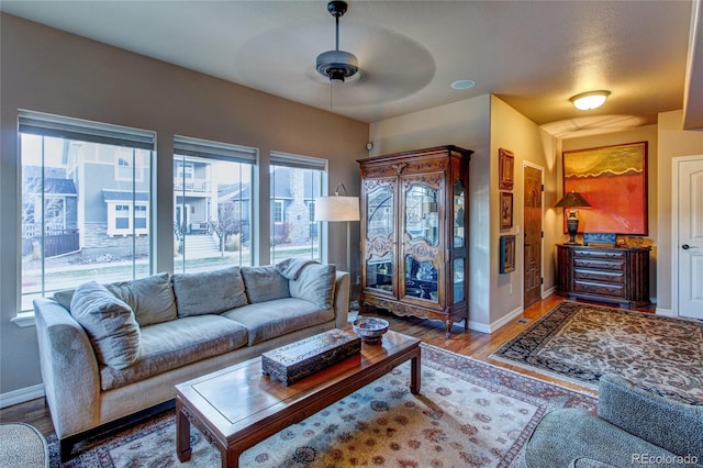 living room featuring ceiling fan and wood-type flooring