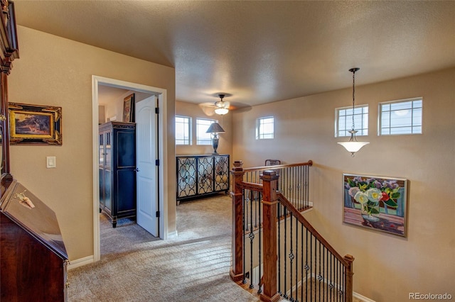 hall with light colored carpet and a textured ceiling