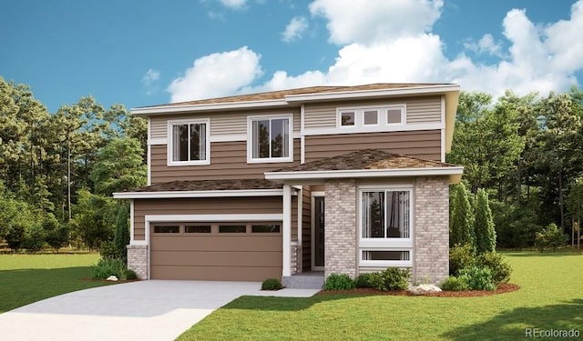 view of front of home with a garage and a front lawn