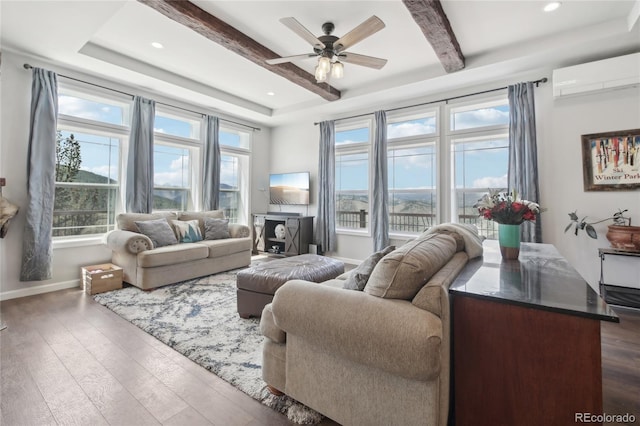 living room with ceiling fan, a wall mounted air conditioner, dark hardwood / wood-style floors, and beam ceiling