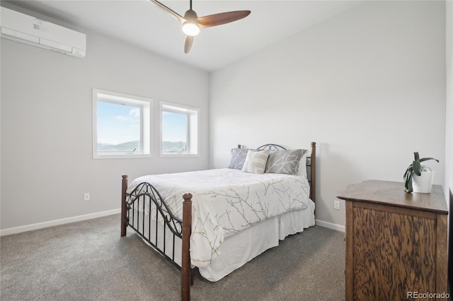 bedroom with an AC wall unit, dark carpet, and ceiling fan