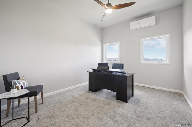 carpeted office with ceiling fan and a wall mounted AC