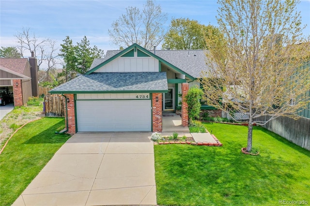 craftsman inspired home with a shingled roof, brick siding, fence, and a garage