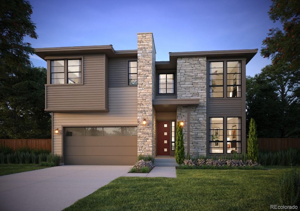 contemporary house featuring driveway, stone siding, an attached garage, a front yard, and fence