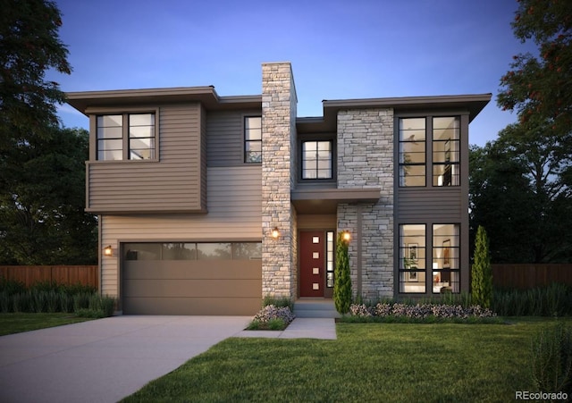 contemporary house featuring driveway, stone siding, an attached garage, a front yard, and fence