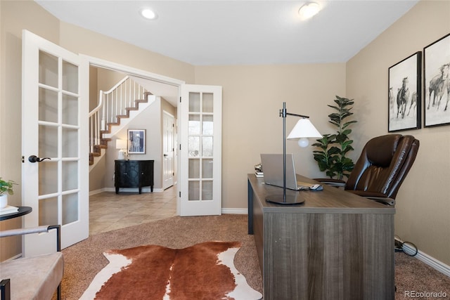 office featuring light colored carpet and french doors