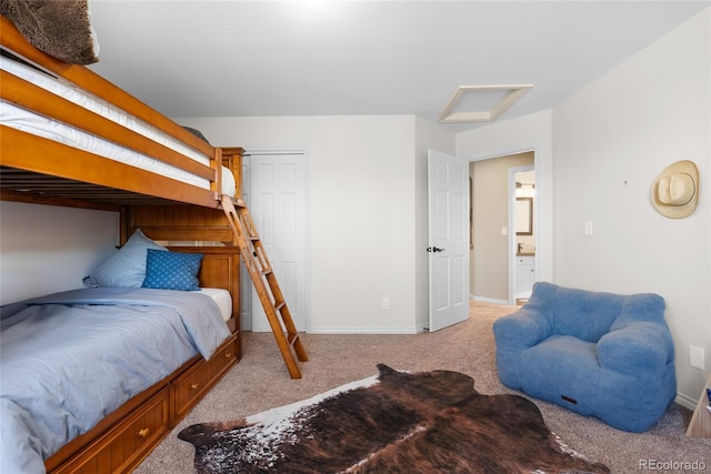 bedroom with light colored carpet