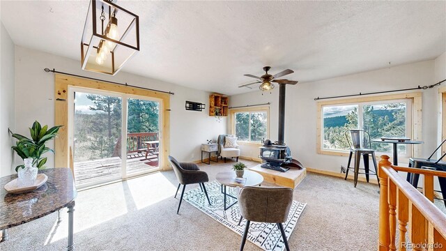 60 Ball Rd, Bailey, CO 80421 - carpeted living room with a wood stove, ceiling fan, baseboards, and a textured ceiling