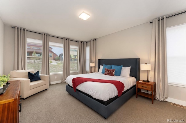bedroom featuring baseboards, carpet flooring, multiple windows, and visible vents