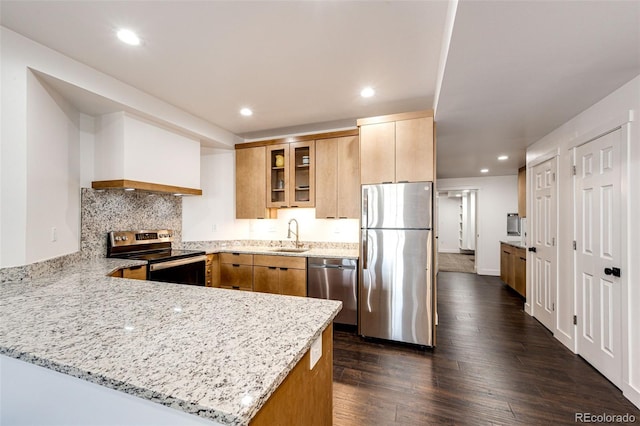 kitchen with light stone counters, a peninsula, dark wood-type flooring, a sink, and appliances with stainless steel finishes