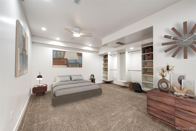 carpeted bedroom featuring recessed lighting, visible vents, ceiling fan, and baseboards