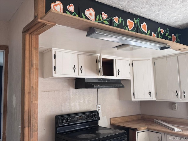 kitchen with under cabinet range hood, black electric range, light countertops, and white cabinets