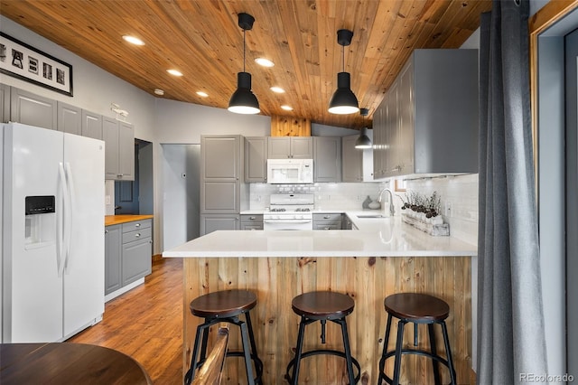 110 County Road 652, Grand Lake, CO 80447 - kitchen featuring white appliances, gray cabinetry, wooden ceiling, a peninsula, and a sink