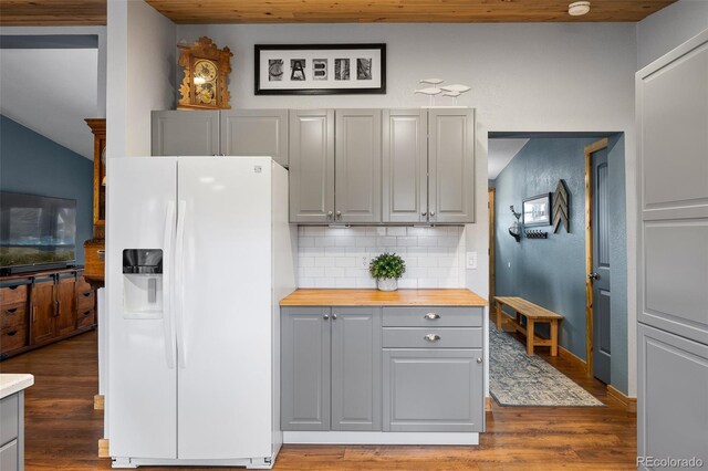 110 County Road 652, Grand Lake, CO 80447 - kitchen featuring white fridge with ice dispenser, gray cabinets, tasteful backsplash, wood finished floors, and wood counters