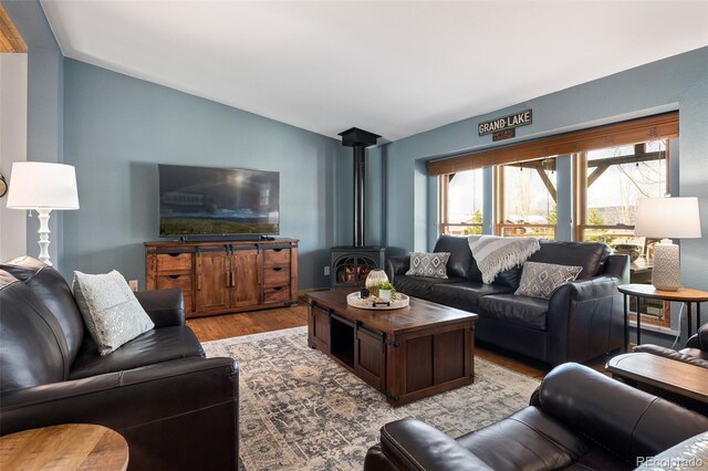110 County Road 652, Grand Lake, CO 80447 - living room featuring vaulted ceiling, wood finished floors, and a wood stove