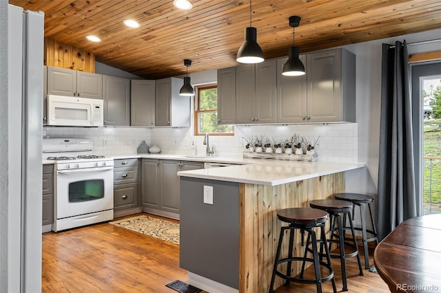 110 County Road 652, Grand Lake, CO 80447 - kitchen with white appliances, gray cabinetry, wood ceiling, a sink, and a peninsula