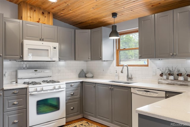 110 County Road 652, Grand Lake, CO 80447 - kitchen featuring gray cabinetry, white appliances, wood ceiling, vaulted ceiling, and a sink