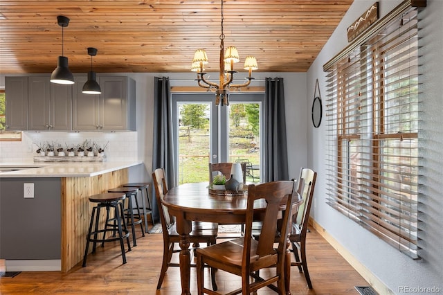 110 County Road 652, Grand Lake, CO 80447 - dining area featuring wood ceiling, a chandelier, wood finished floors, and baseboards