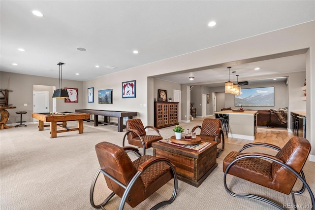 9563 Red Primrose St, Franktown, CO 80116 - living area with recessed lighting, pool table, and light colored carpet
